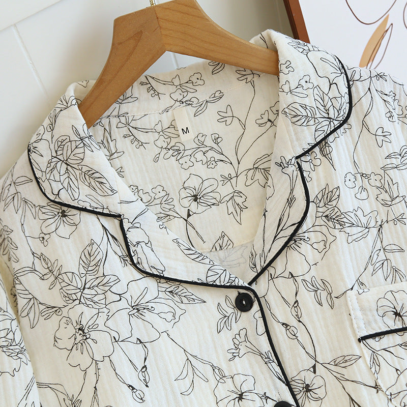 Floral Serenity Cotton Yarn Loungewear Suit with Lapel Collar For Woman