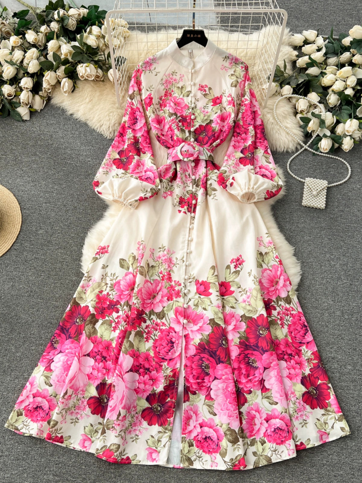 Modern Minimalism Elegant Dress with Floral Pattern and Bell Sleeves