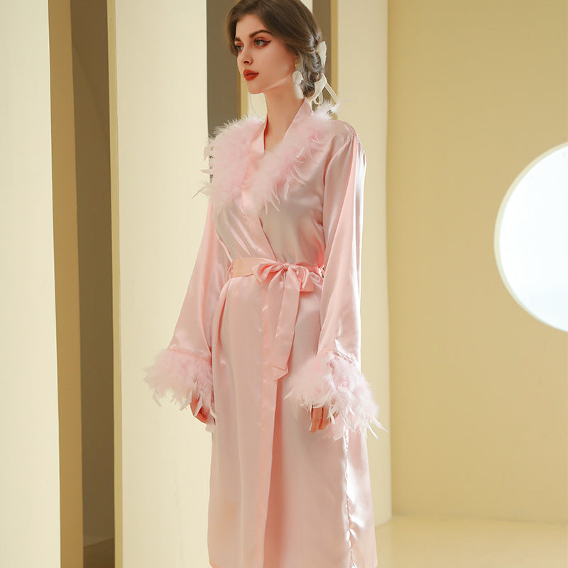 Bride Fur Collar Full Sleeved Feather Long Wedding dressing And Night Gown