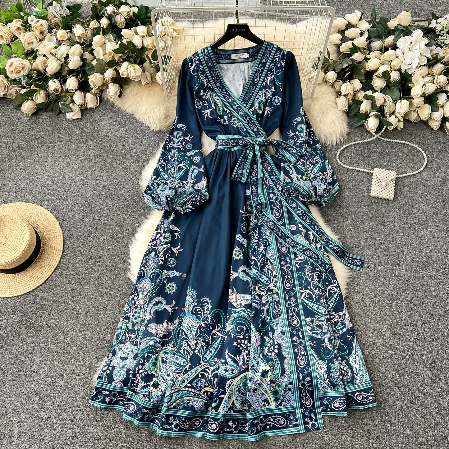 Cruise Couture French Chic One-Piece Tie Waist Dress with Printed Patterns