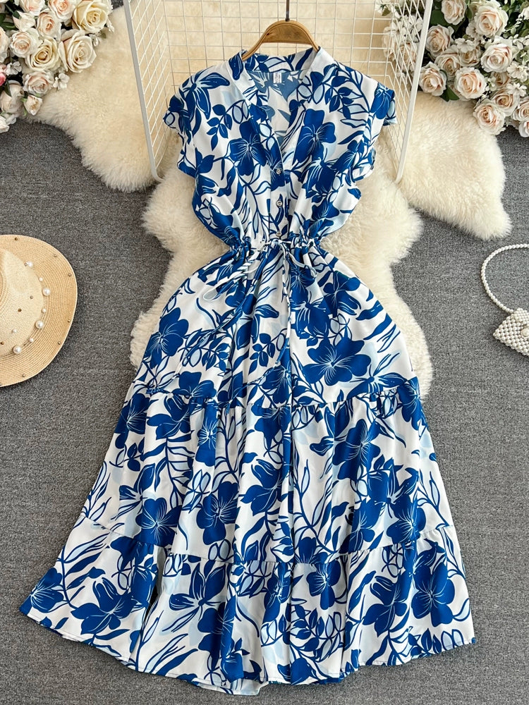 Luxury V-Neck Dress with Flying Sleeves and Printed Pattern