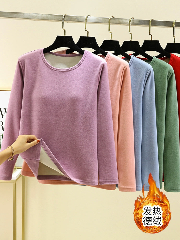 Women's Winter Velvet Round Neck Solid Color Warm T-shirt Top With Chest Pad