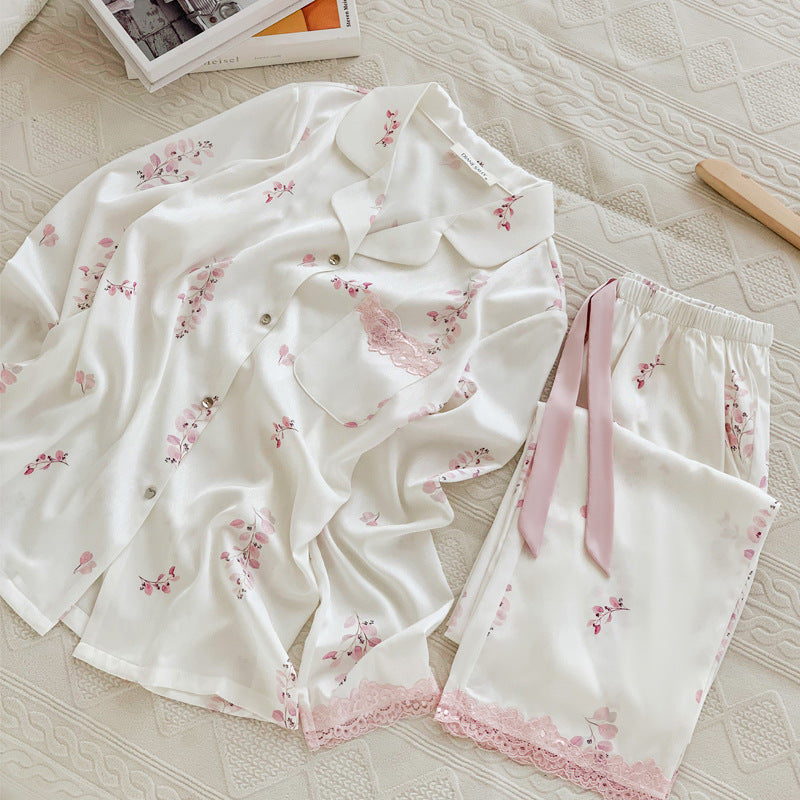 Women's Summer Comfy Refined Sweet Floral Luxurious Ice Silk Loungewear Pajamas