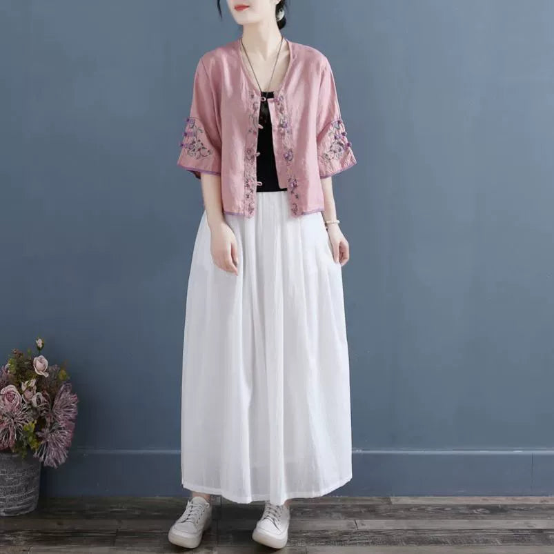 Women's Retro Style Embroidered cotton linen V-neck tops