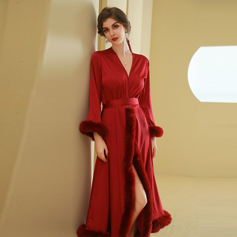 Women's Elegant Long Sleeved Satin Silk with Feather Trim Nightgown