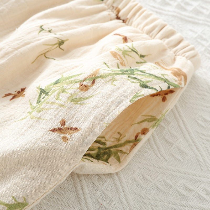 Light & Comfy cotton Double-Layer Gauze Anti-Convex Suspender Thin Cropped Cuffs with Chest Pads 3Pc Loungewear Set