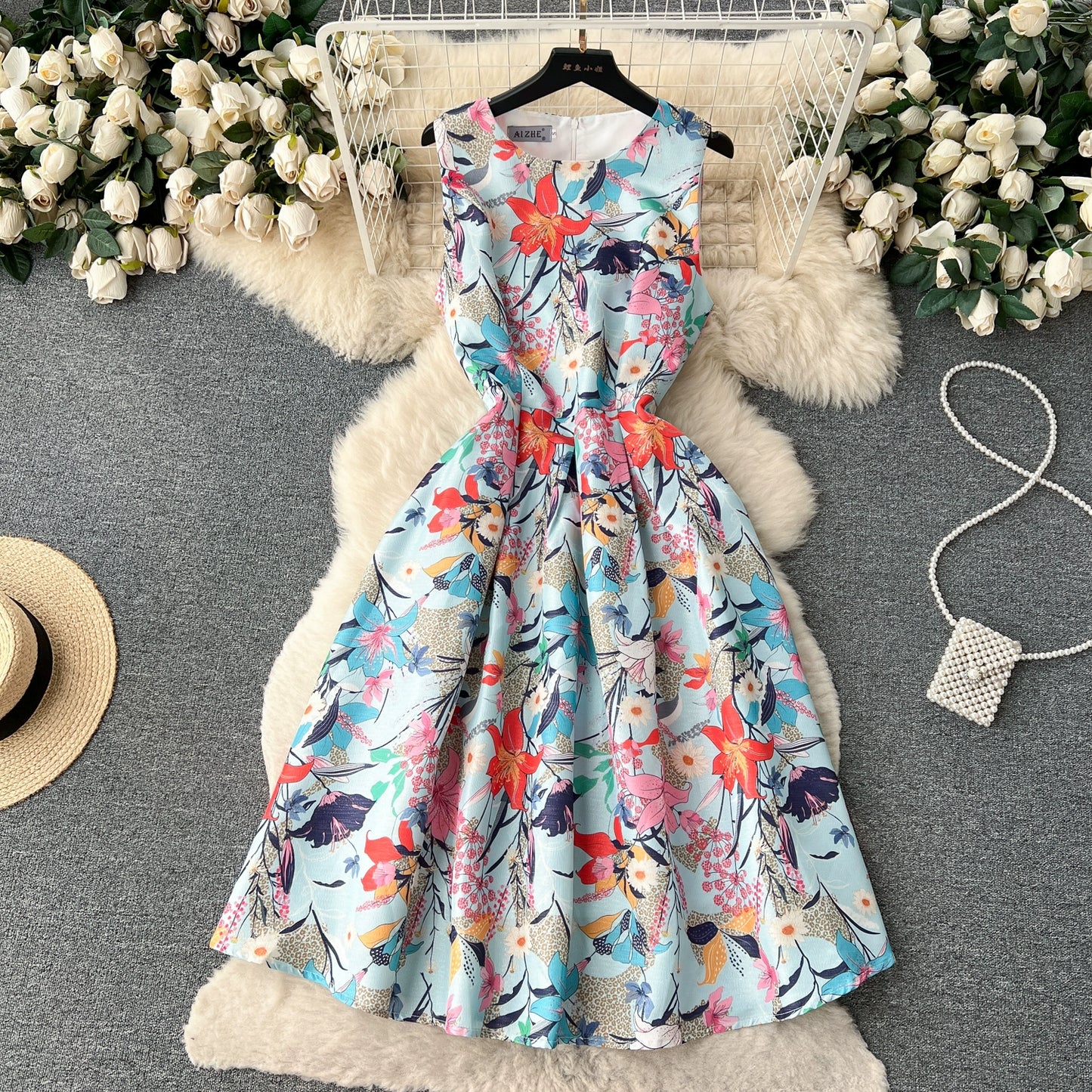 Floral Elegant Sleeveless Pleated Waist-Defining Skirt Dress For Women