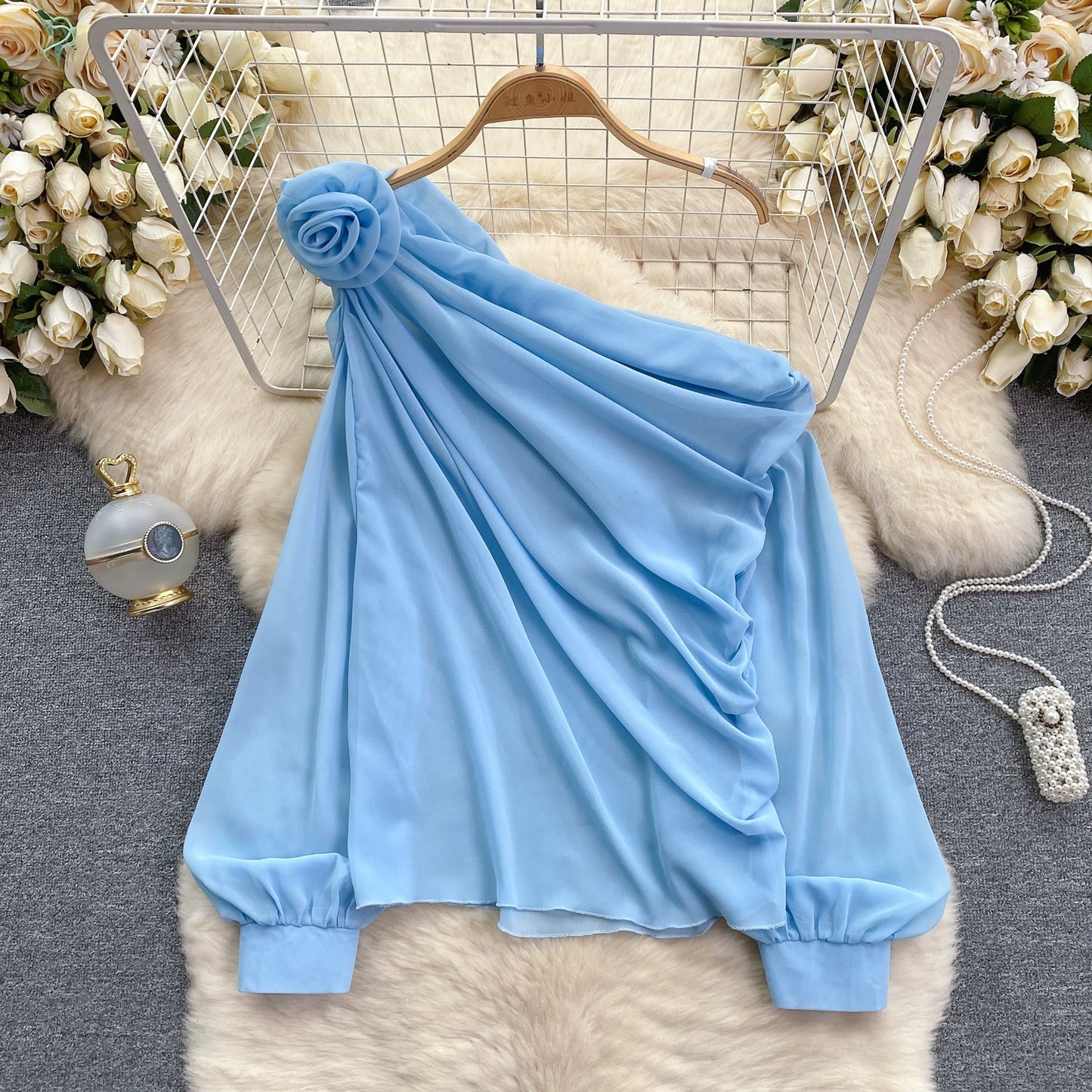Chiffon Off-Shoulder Puff Sleeve French Top