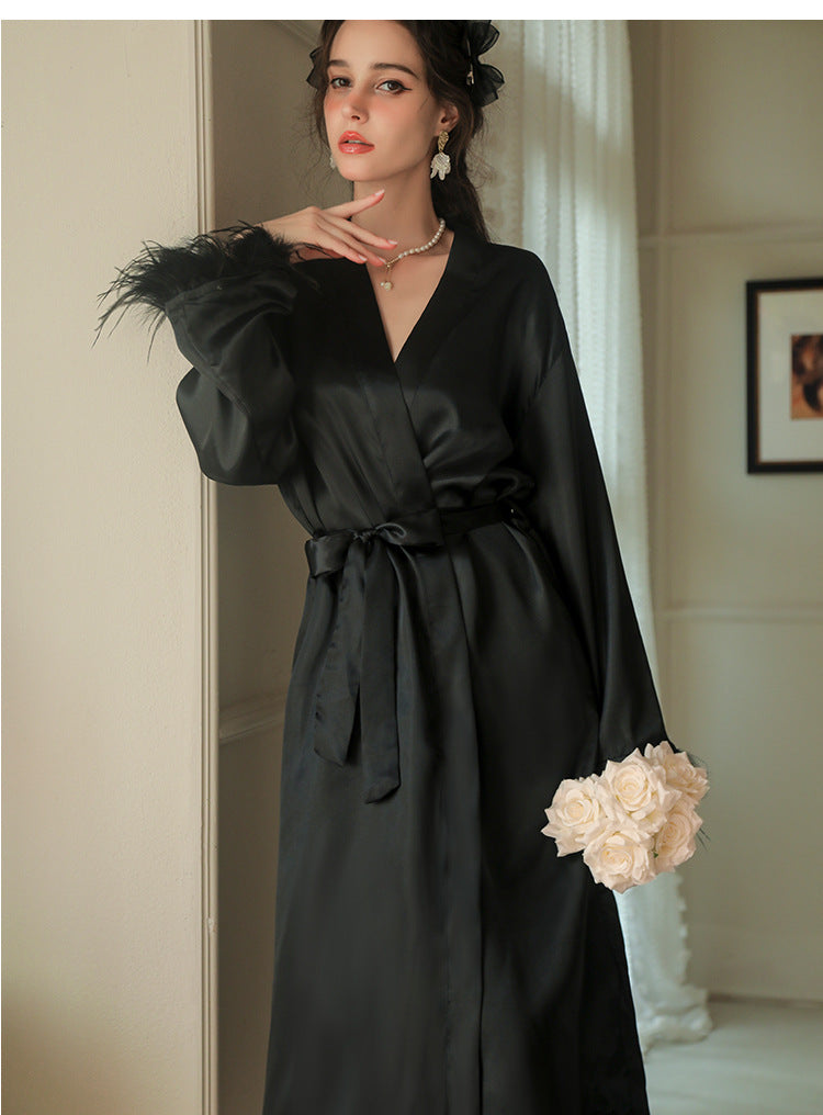 European and American Style Long Sleeved Bridal Night Gown With Feather