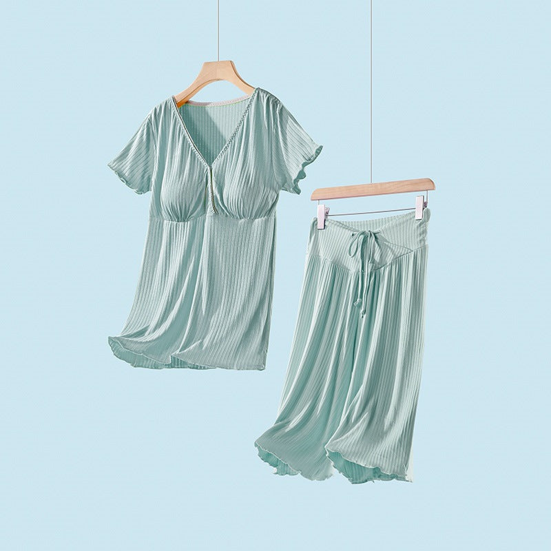 Pregnant Women's Summer Thin Maternity Postpartum Short-Sleeved Cropped Pants Two-Piece Set