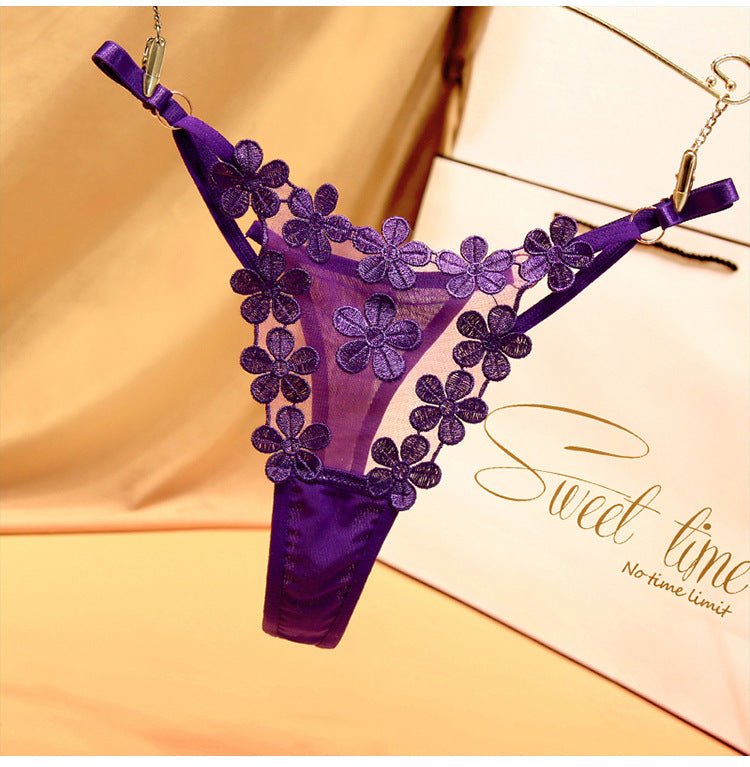 Flower Embroidery Comfortable Adjustable Straps Metal Buckle Design Thong Panties