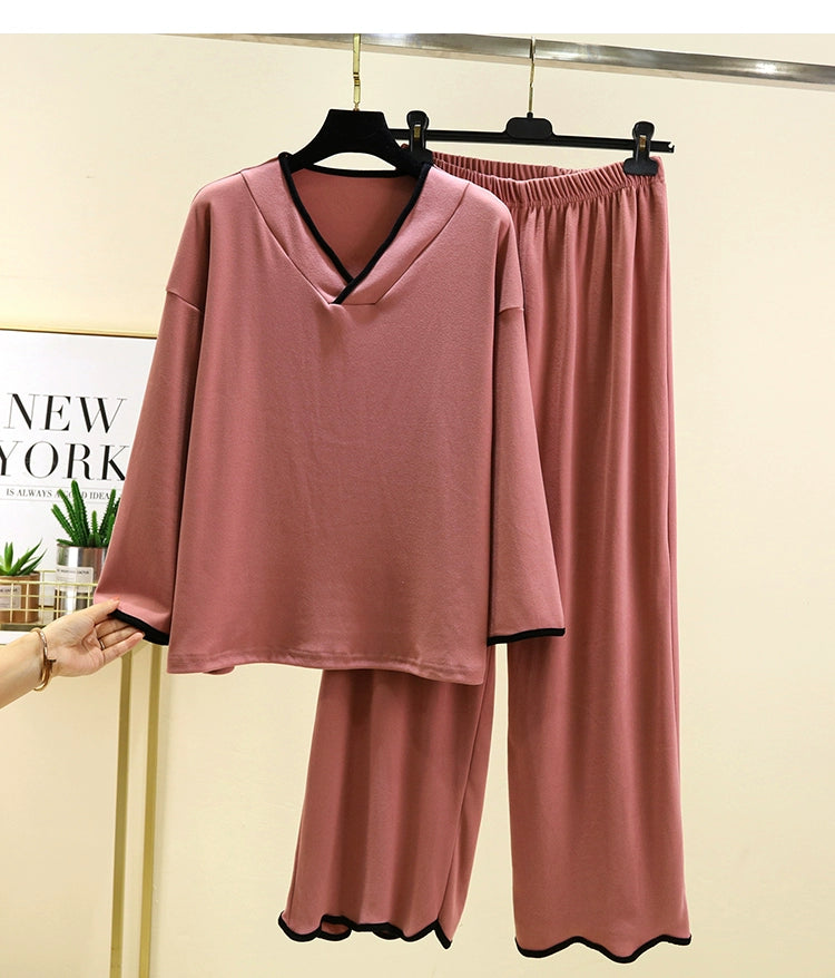 Women's Long Sleeve V-Neck Thick Fleece Loungewear Set For Autumn And Winter