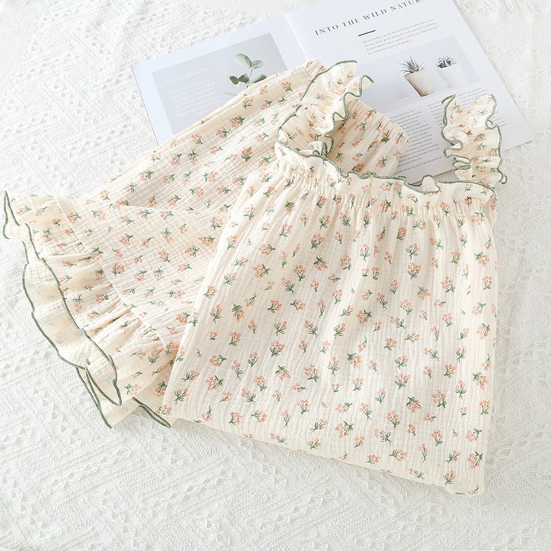 Women's Cotton Crepe Yarn suspender Short-Sleeved Shorts Sleepwear for summer
