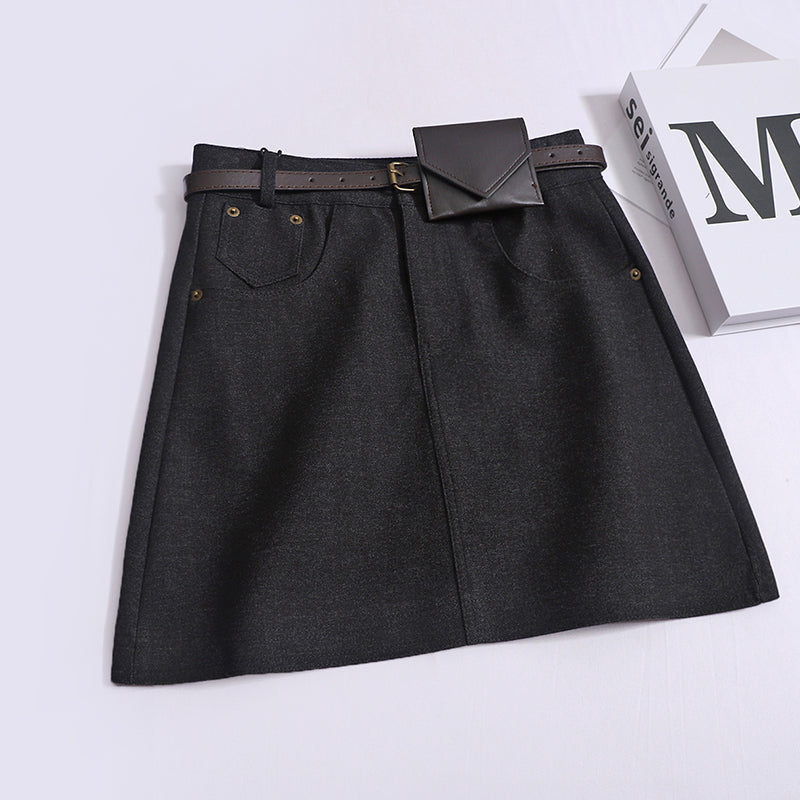 Fashionable And Versatile High Waist Thin Anti-Walking Short A-line Skirt With A Belt & Bag