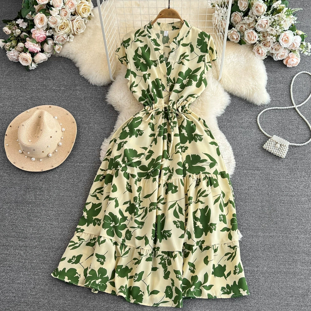 Luxury V-Neck Dress with Flying Sleeves and Printed Pattern