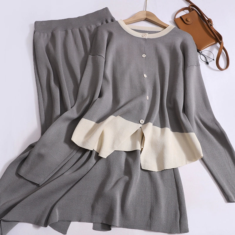 Women's Temperament Solid Color Contrasting Round Neck Long-Sleeved High-Waisted knitted Cardigan Top With Skirt