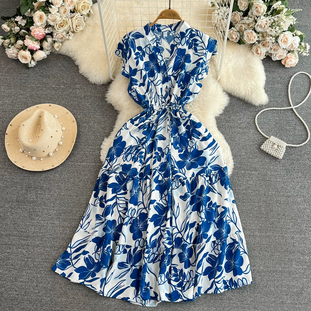 Luxury V-Neck Dress with Flying Sleeves and Printed Pattern