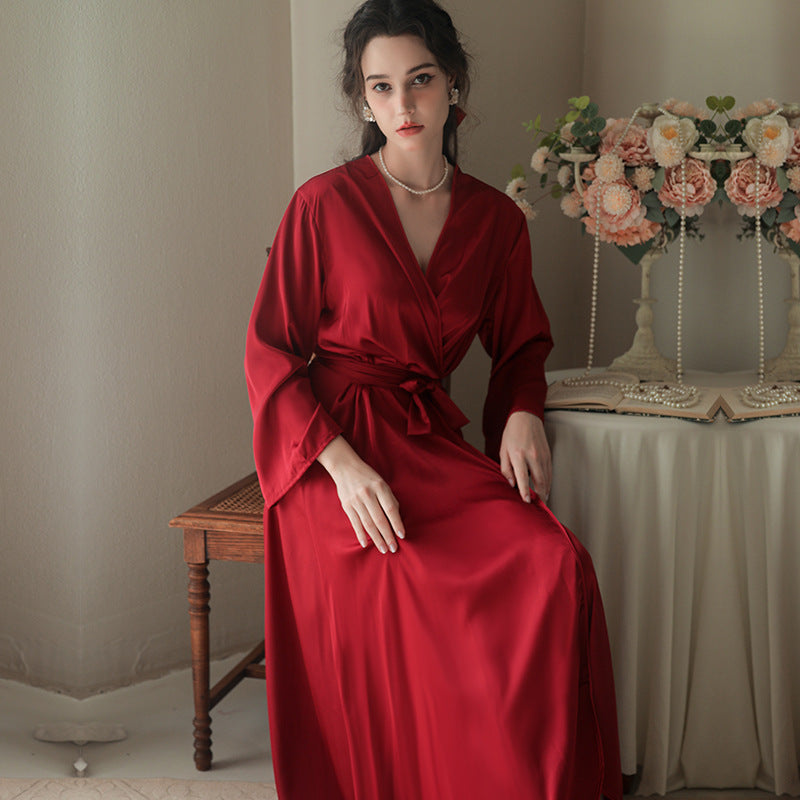 Female Newly Wedding Bride Red Silky Smooth nightgown With Belt