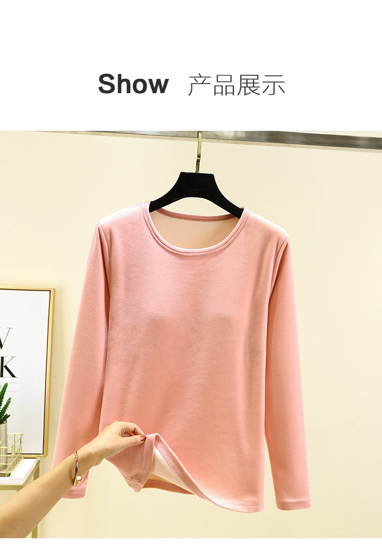 Women's Winter Velvet Round Neck Solid Color Warm T-shirt Top With Chest Pad