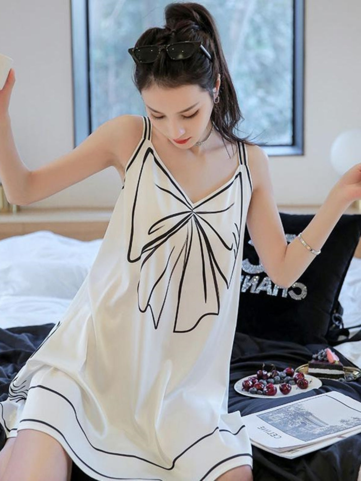 Cute Casual Style Bow Design Sleeveless Plus-Size Summer Suspender Nightdress