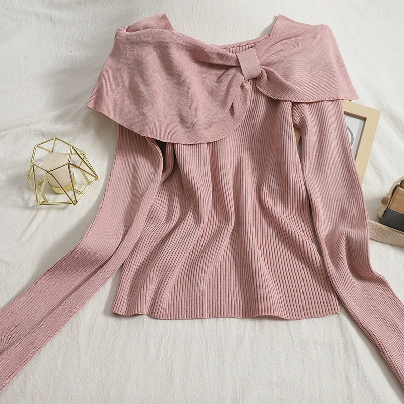 women's Solid Color Big Bow Neckline Off-Shoulder Slim knitted Sweater Top