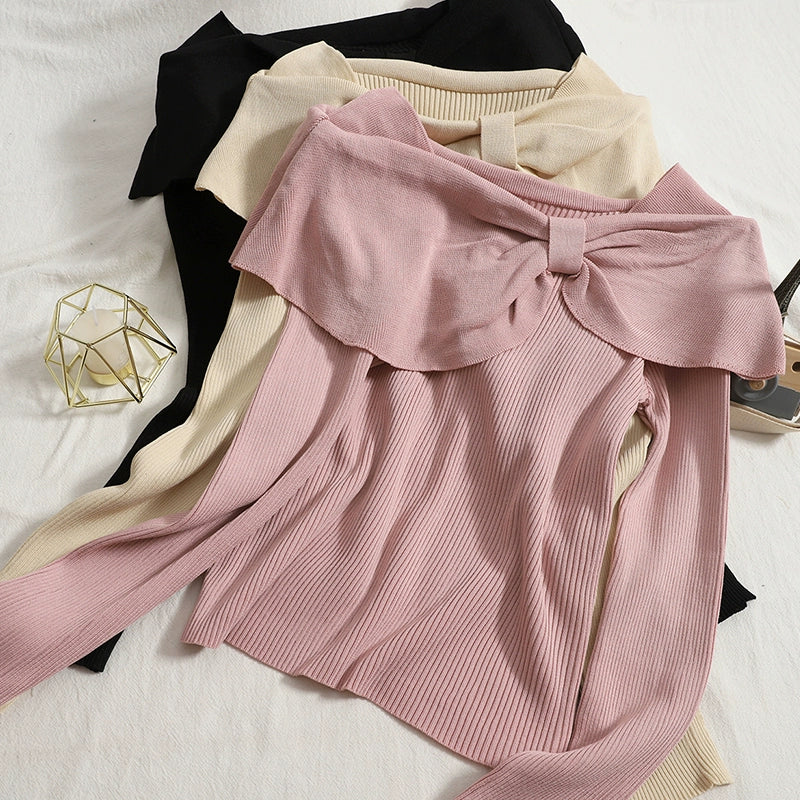 women's Solid Color Big Bow Neckline Off-Shoulder Slim knitted Sweater Top