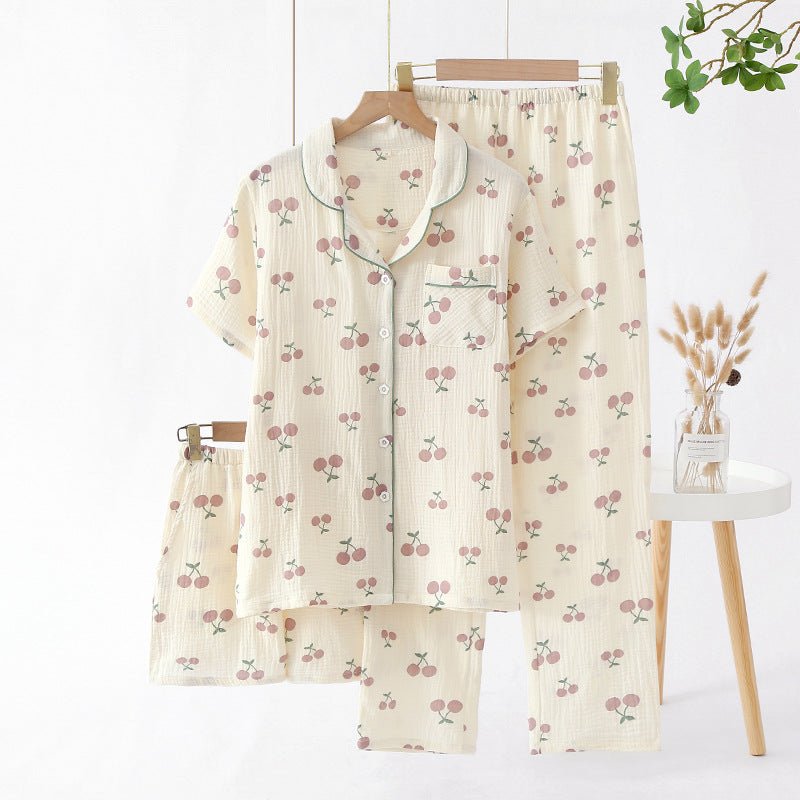 Fresh Elegance Cotton Crepe Three-Piece Sleepwear Suit with Short Sleeve