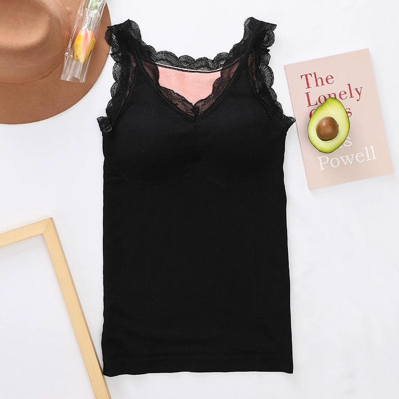 Women's Velvet Thickening Lace Inner Slim Fit Warm Camisole Top With Chest Pad