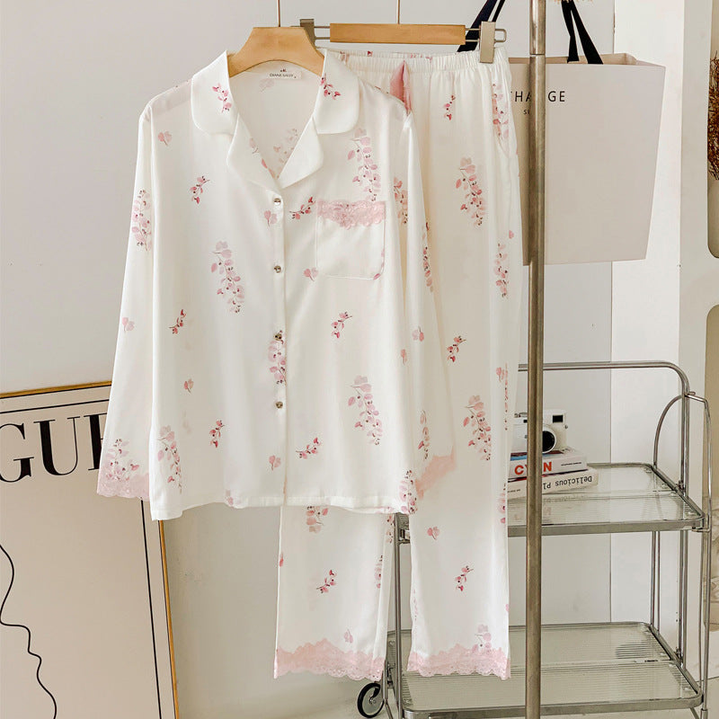 Women's Summer Comfy Refined Sweet Floral Luxurious Ice Silk Loungewear Pajamas