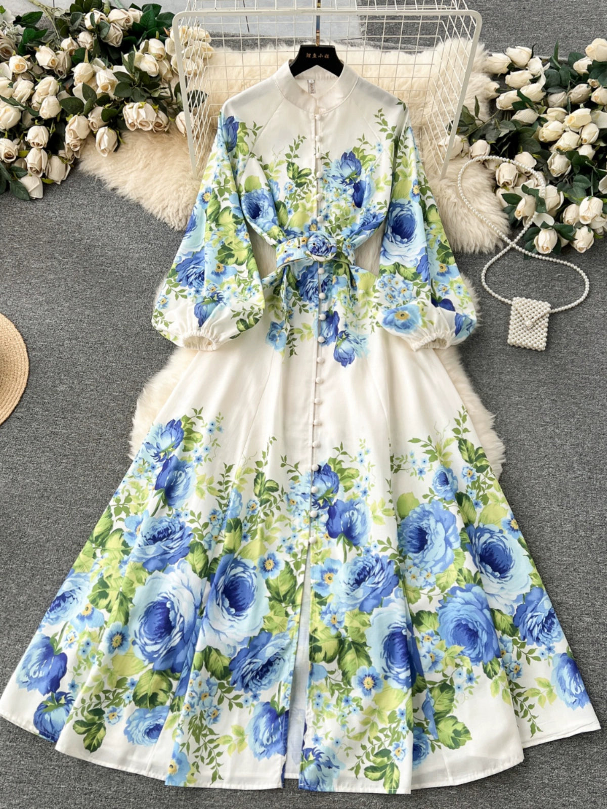 Modern Minimalism Elegant Dress with Floral Pattern and Bell Sleeves