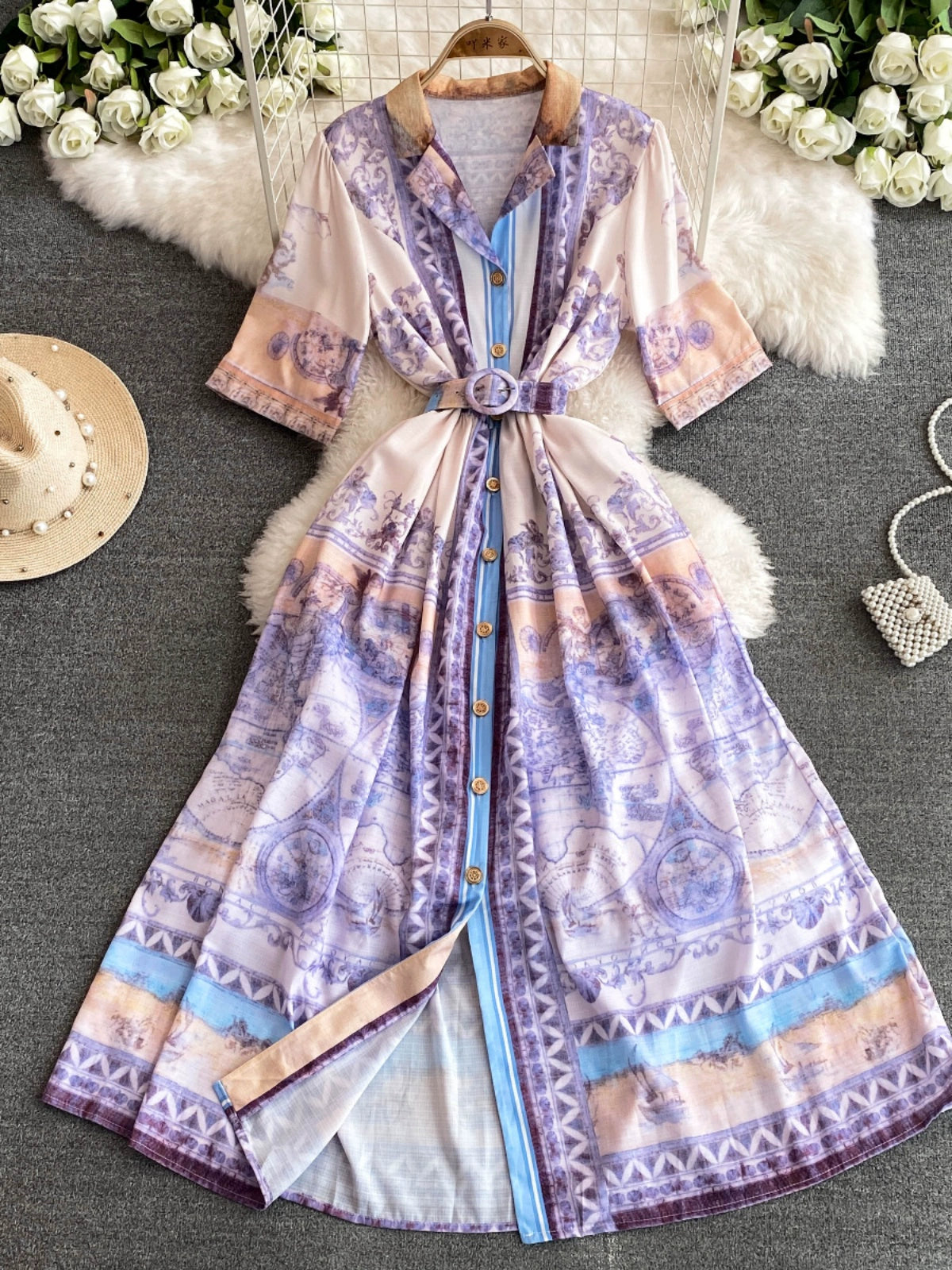 Elegant European-American Style Cinched Waist Belt Dress