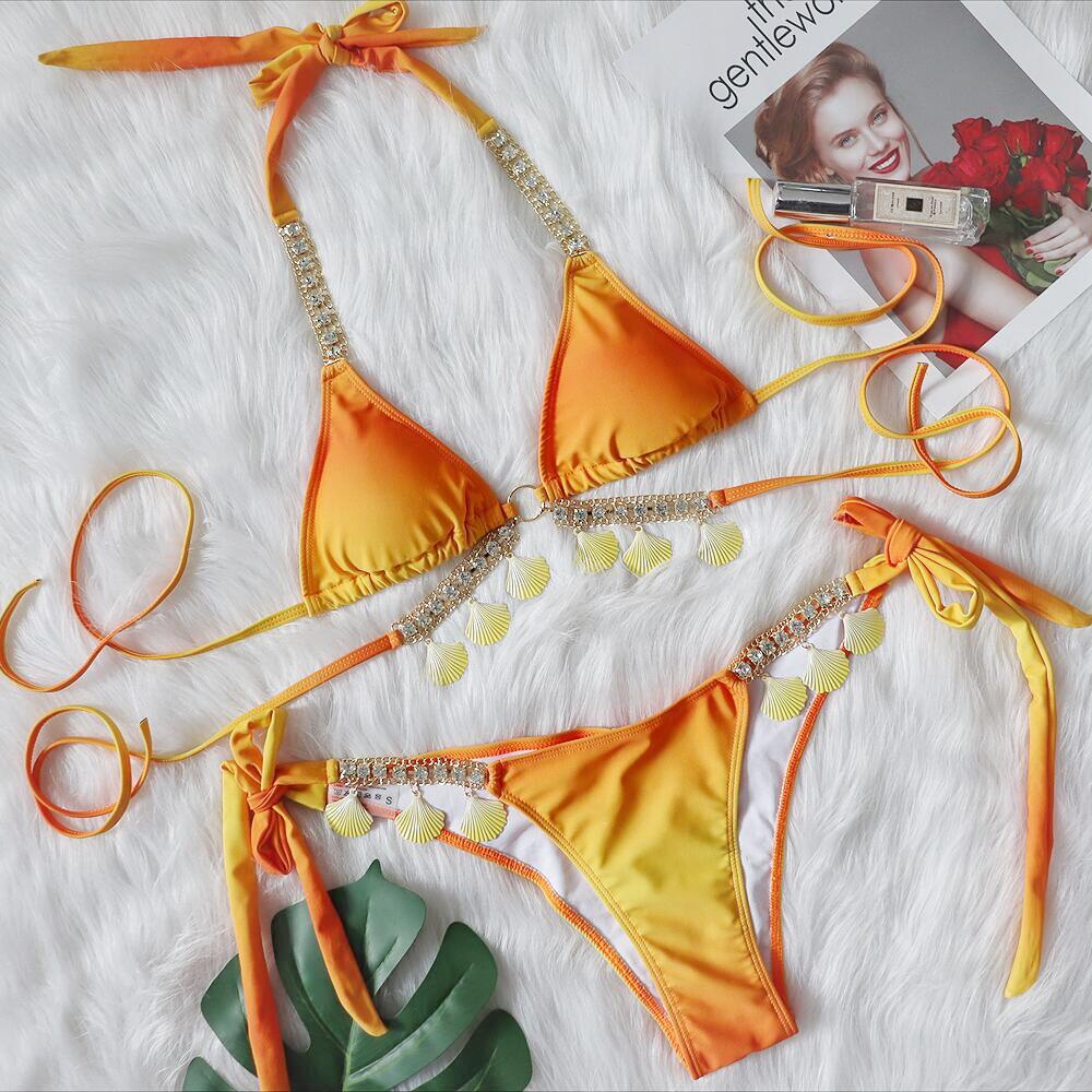 Gradient Print Luxury Crystal Diamond Crafted Women's Bikini Swimsuit