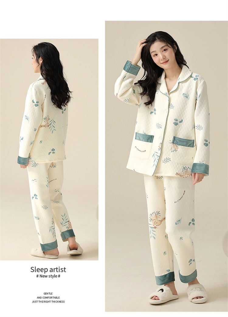 Cloud-Soft Comfort Plush Air Cotton Lapel Padded Loungewear Set for Autumn & Winter