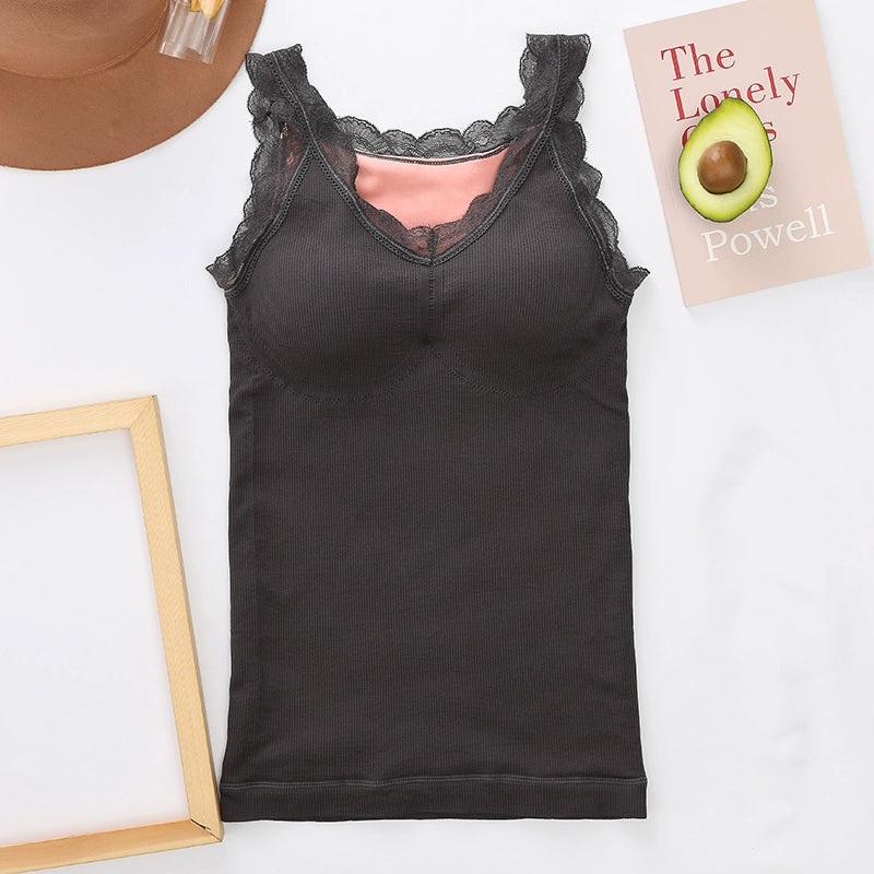 Women's Velvet Thickening Lace Inner Slim Fit Warm Camisole Top With Chest Pad
