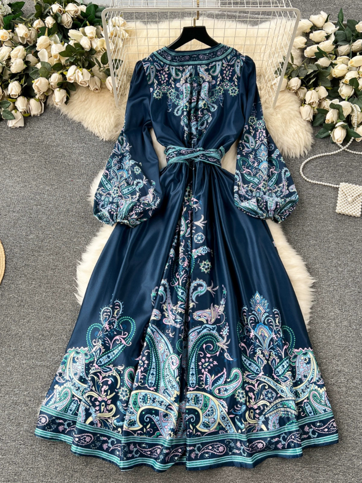Cruise Couture French Chic One-Piece Tie Waist Dress with Printed Patterns