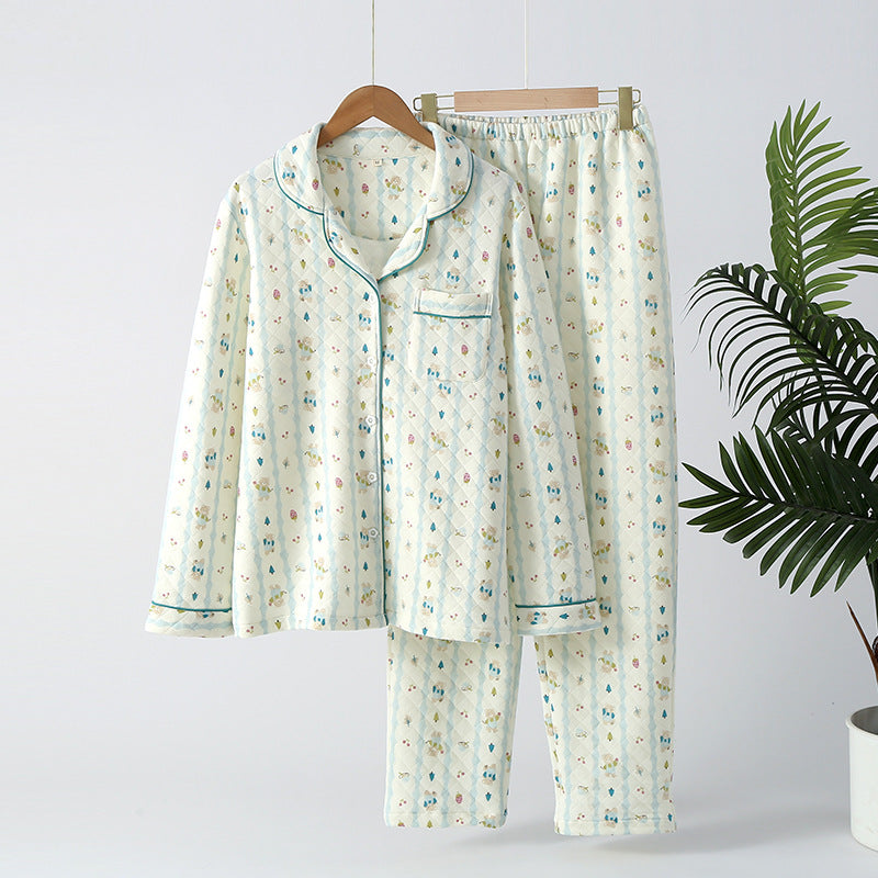 Premium Pure Three-Layer Air Cotton Quilted Printed Loungewear With Lapel Collar For Autumn And Winter