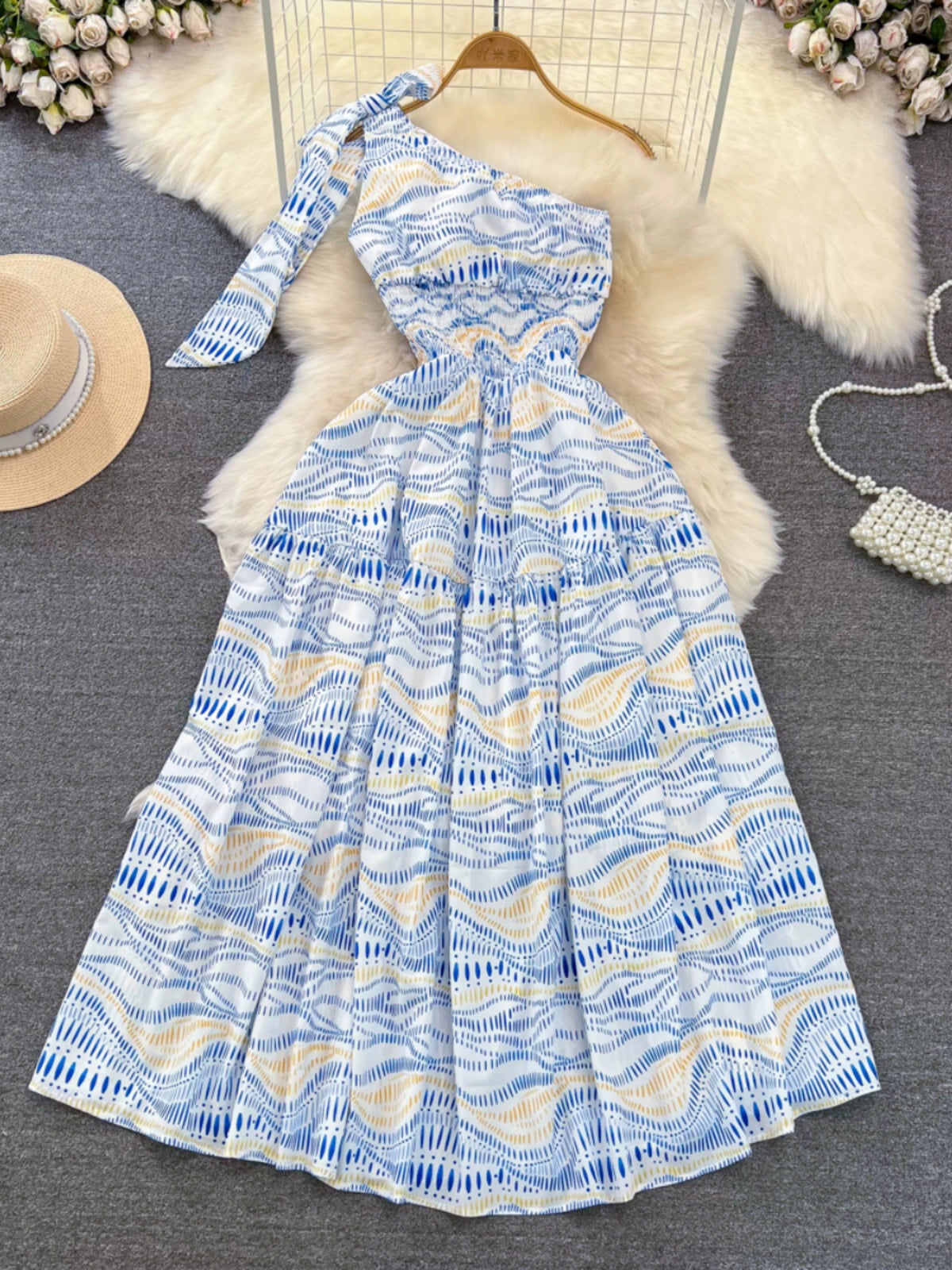 Oblique Neckline Dress with A-Line Silhouette Waist-Cinching Detail and Printed Pattern Design