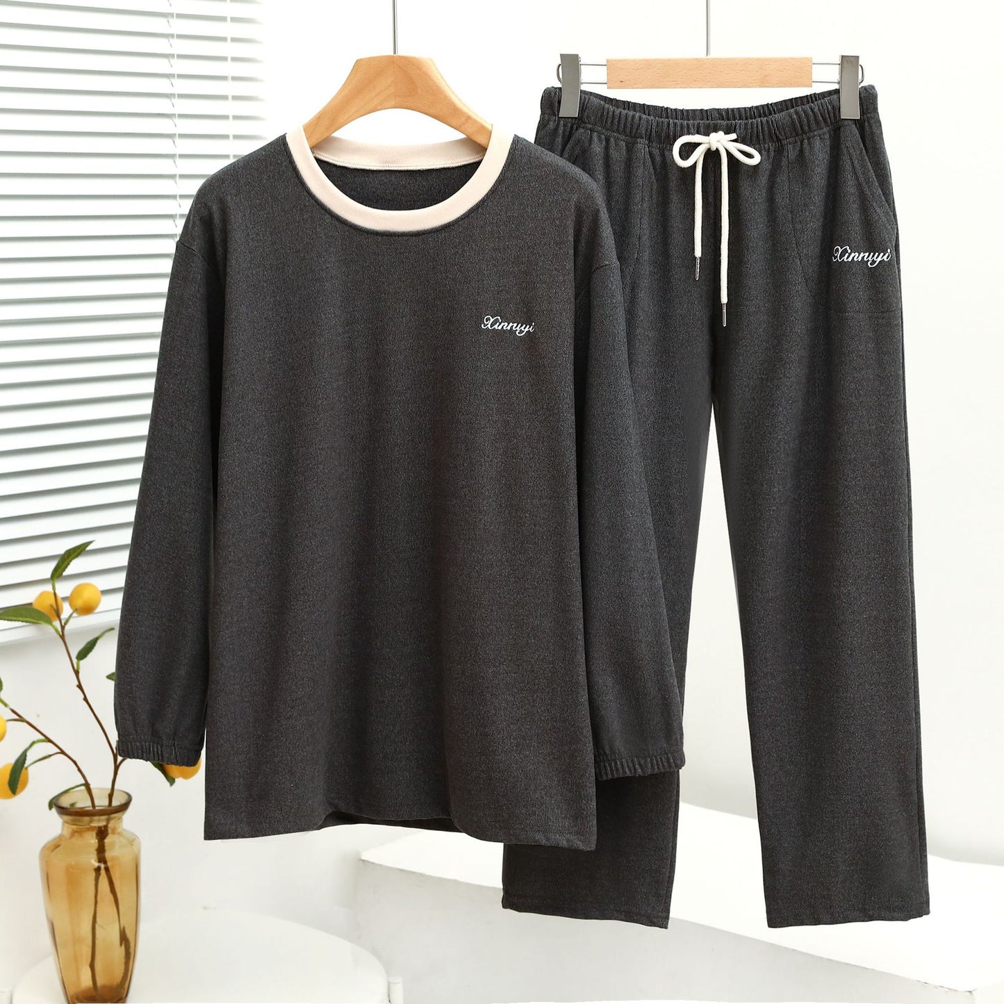 Warm Embrace Velvet Contrast Round Neck Long Sleeve Loungewear Two-Piece Set For Women