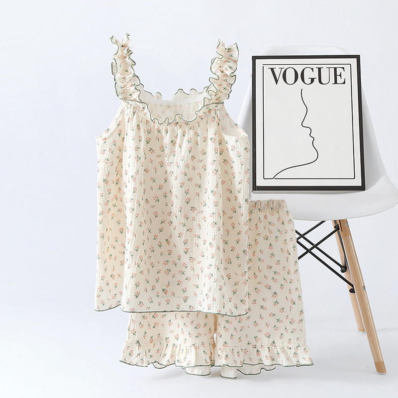 Women's Cotton Crepe Yarn suspender Short-Sleeved Shorts Sleepwear for summer