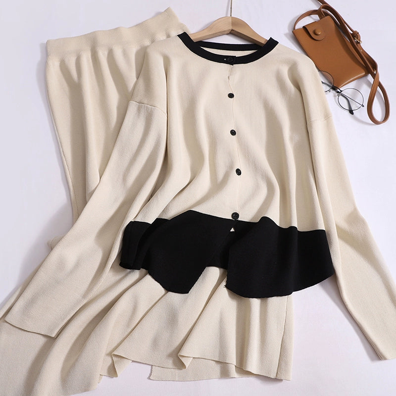 Women's Temperament Solid Color Contrasting Round Neck Long-Sleeved High-Waisted knitted Cardigan Top With Skirt