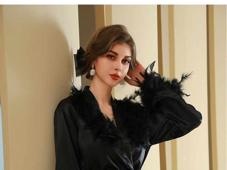 Bride Fur Collar Full Sleeved Feather Long Wedding dressing And Night Gown