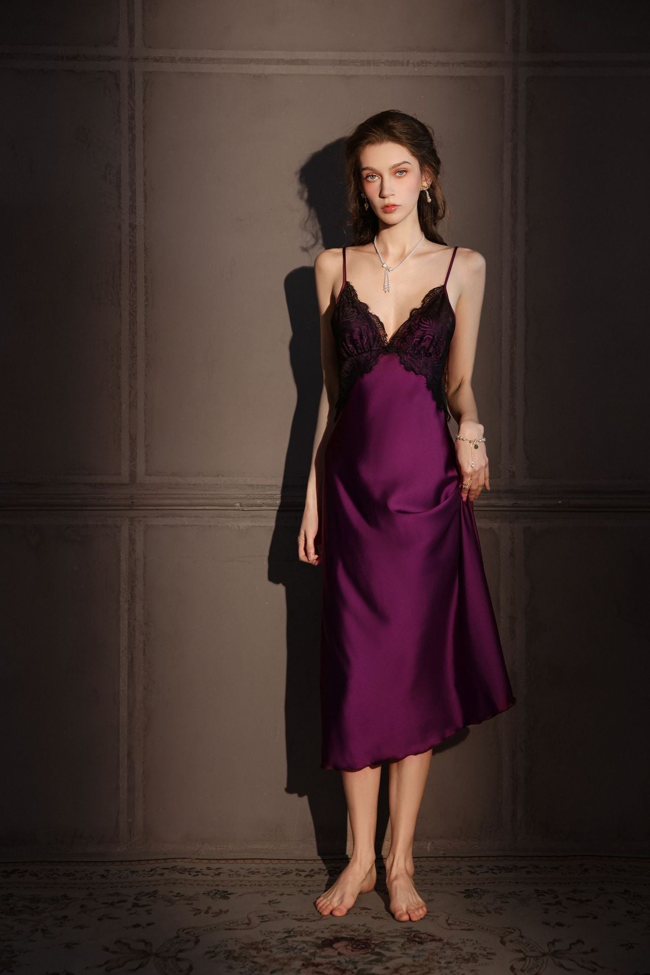 Women's Ice Silk Thin Backless Long Over-The-Knee Suspender Nightdress With Chest Pads
