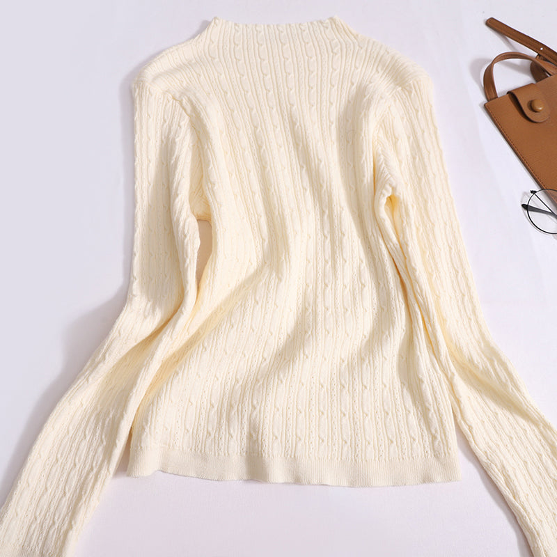 Versatile Solid Color Long-Sleeved knitted Base Slim And Thin Half-High Neck Twist Top