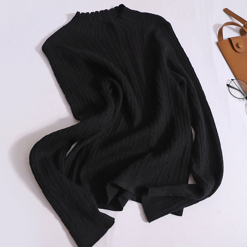 Versatile Solid Color Long-Sleeved knitted Base Slim And Thin Half-High Neck Twist Top