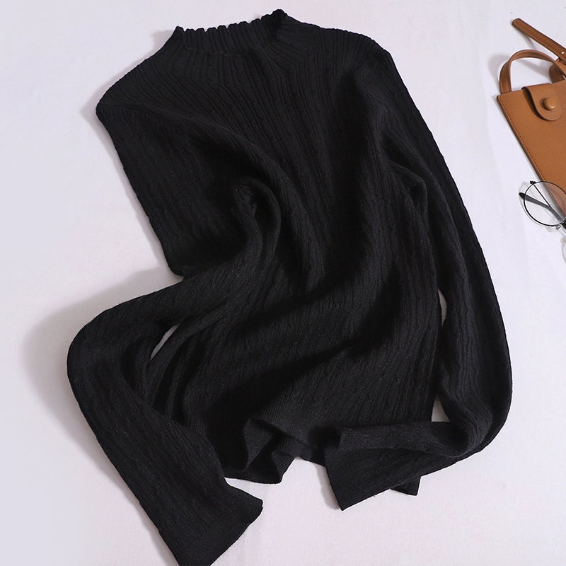 Versatile Solid Color Long-Sleeved knitted Base Slim And Thin Half-High Neck Twist Top