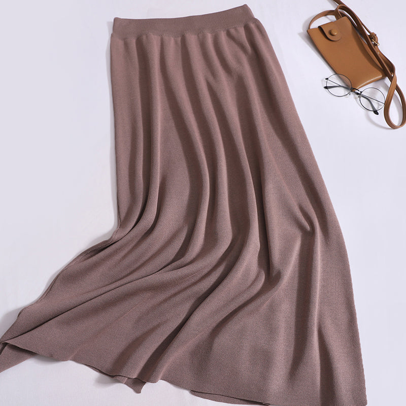 Women's Temperament Solid Color Contrasting Round Neck Long-Sleeved High-Waisted knitted Cardigan Top With Skirt