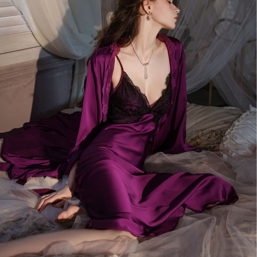 Women's Ice Silk Thin Backless Long Over-The-Knee Suspender Nightdress With Chest Pads