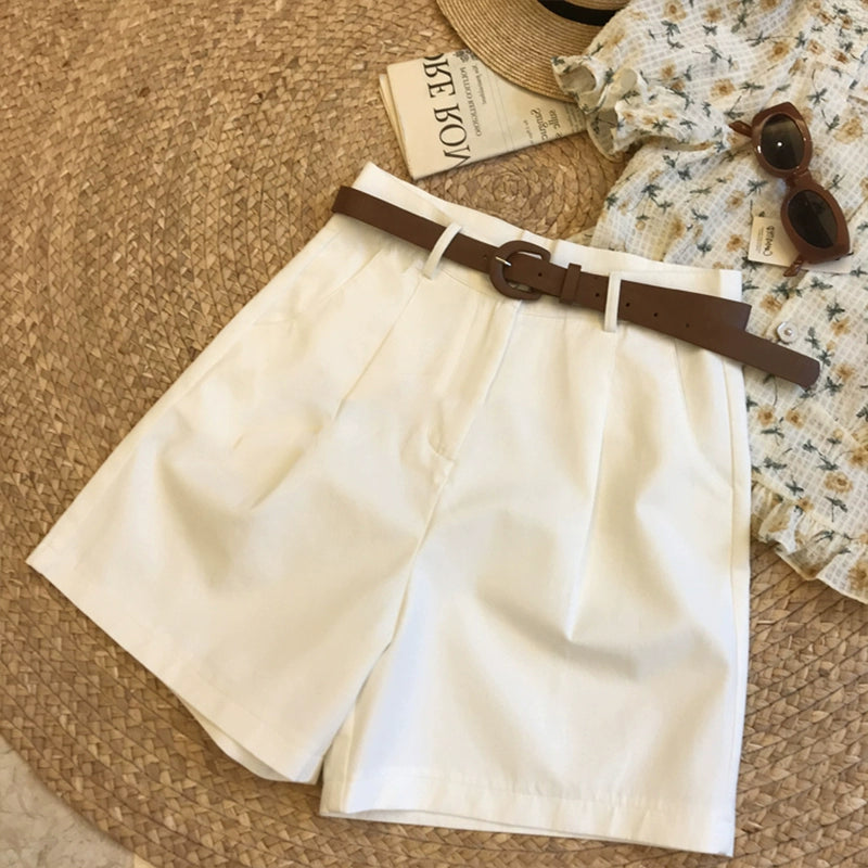 Japanese Retro Simple Solid Color High waist thin versatile wide-leg suit shorts