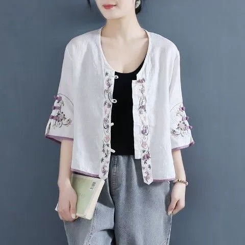 Women's Retro Style Embroidered cotton linen V-neck tops