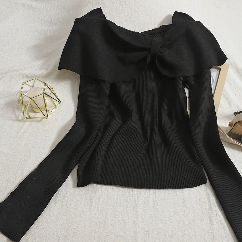 women's Solid Color Big Bow Neckline Off-Shoulder Slim knitted Sweater Top